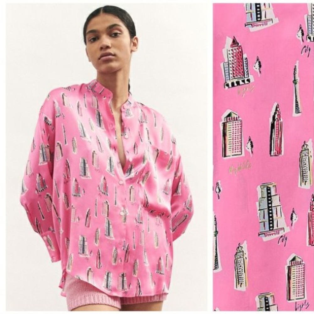 Zara Hot Pink‎ City Print Silk Shirt